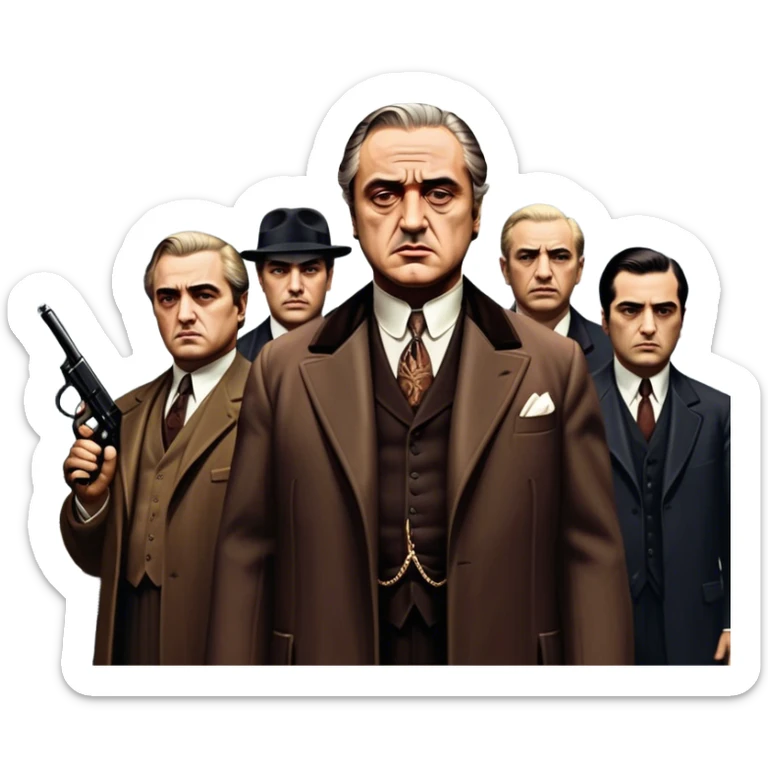 A vintage movie poster-style design featuring Don Vito Corleone surrounded by gangsters with Tommy guns. Include a dark, moody noir atmosphere with skyscrapers of New York in the background. The scene should be tense and mysterious, with a retro cinematic feel. Transparent background. sticker