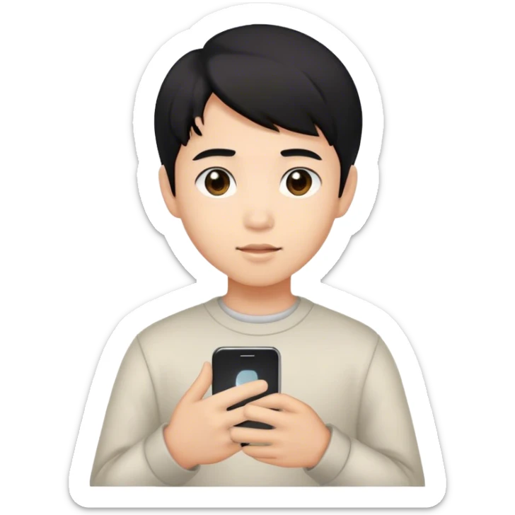 cute asian boy whit a brown eyes, black hair, whit a phone in a hand  sticker