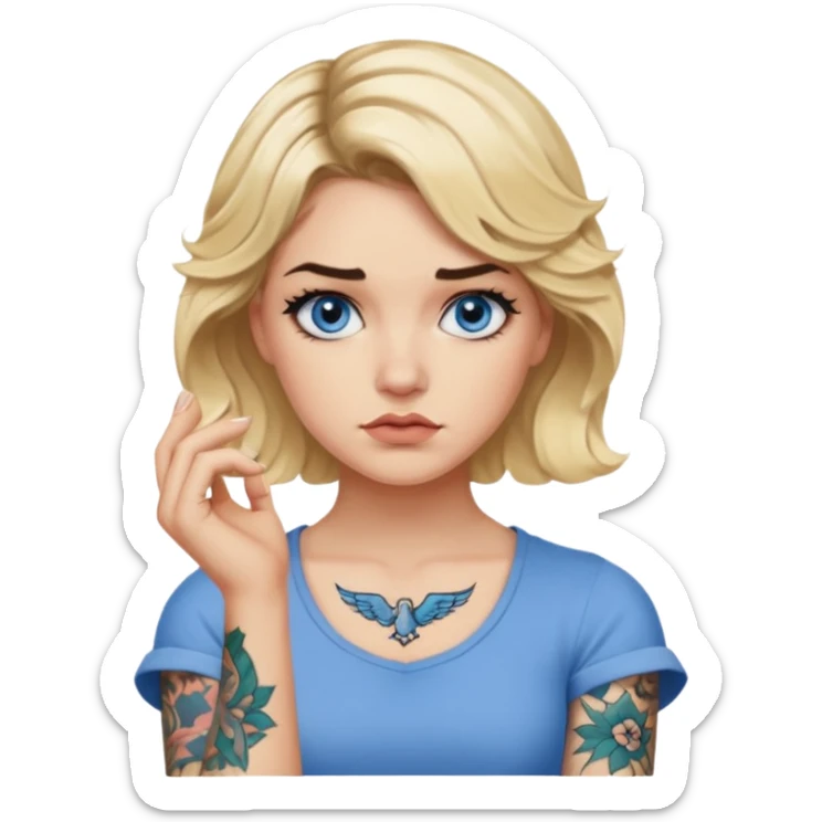 Blonde woman with short wavy hair, blue eyes with dark lashes, tattoo on arm, disapproving look sticker