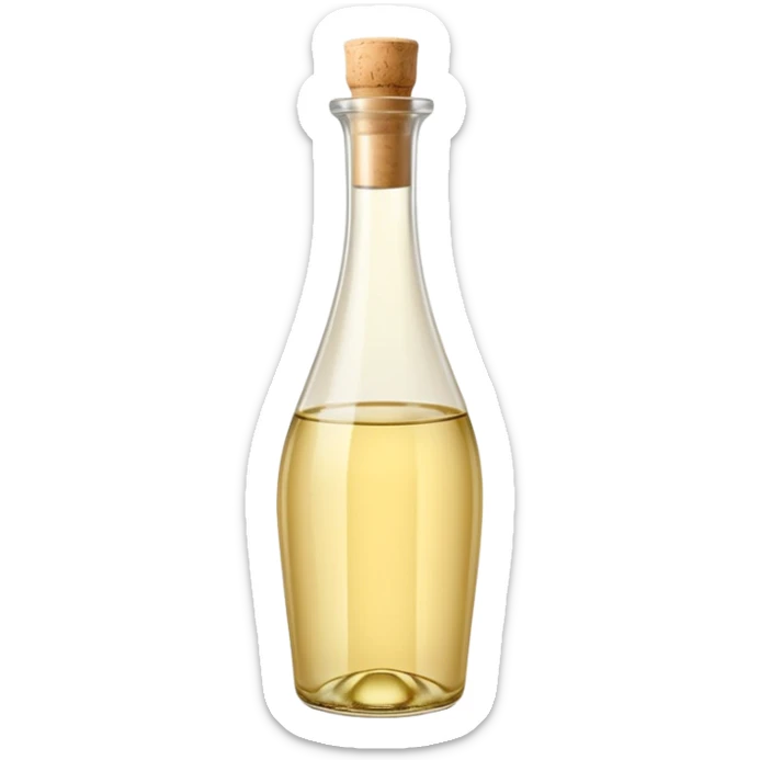 elegant tall glass bottle of white wine vinegar, pale golden clear liquid, smooth curves, narrow neck, light beige cork or cap, no label or branding, soft lighting, subtle shadows, emoji scale sticker