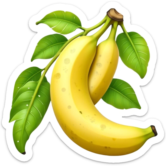 Cinematic Realistic Banana Emoji, Bright and cheerful, with a smooth, yellow peel slightly speckled with spots, revealing a soft, sweet interior. The banana is curved elegantly, standing out against the soft green leaves. Soft glowing outline, capturing the essence of tropical sweetness and energy in a ripe banana. sticker