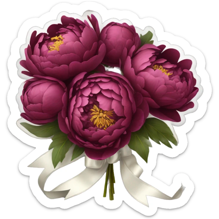 Big bouquet of burgundy peonies with a white satin ribbon sticker