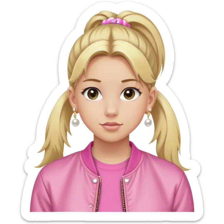 High school white girl with long blonde hair hair tied into a ponytail. Wearing a pink tee shirt with a bomber jacket and pearl stud earrings. She’s also wearing a short, dainty and girly (maybe 16”) gold chain sticker