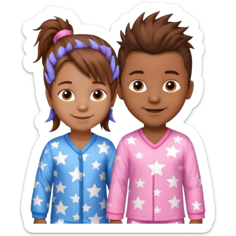4 year old brown spikey haired boy with blue pajamas with stars on them and a 1 year old brown haired pony tail girl with pink pajamas, and stars on them with light skin. Top left on, can you make them smile more?  sticker