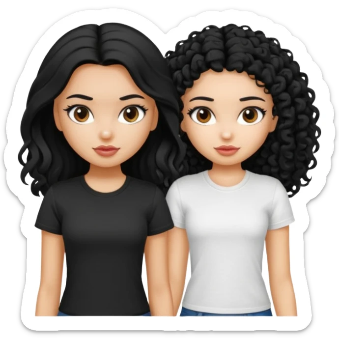 2 pretty bratz fair girls. One has straight black hair and is tan, wearing a white tshirt. One is fair with curly black hair, wearing a black tshirt  sticker