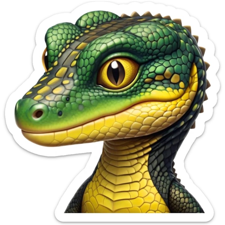 cinematic-realistic-cute-monitor-lizard-portrait-emoji,-head-tilted-playfully-and-inquisitively,-featuring-a-compact,-agile-body-with-finely-detailed,-glossy-scales-in-earthy-black and yellow-hues-and-a-distinct,-alert-face-with-bright,-curious-eyes, black , yellow spotted and green band  scales sticker