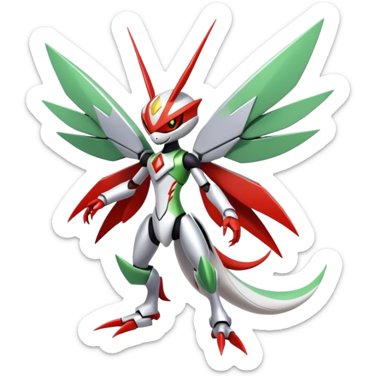 Cute Cool Edgy Shiny Futuristic Ethereal Legendary Kartana-Digimon-Scizor-hybrid full body sticker