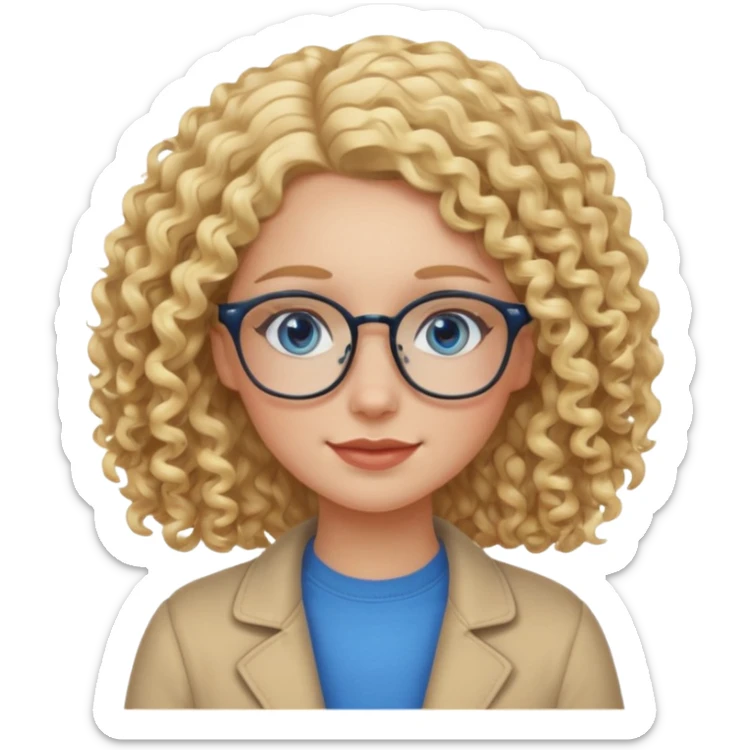 Friendly looking white girl with curly, blonde hair, blue eyes, and glasses. sticker