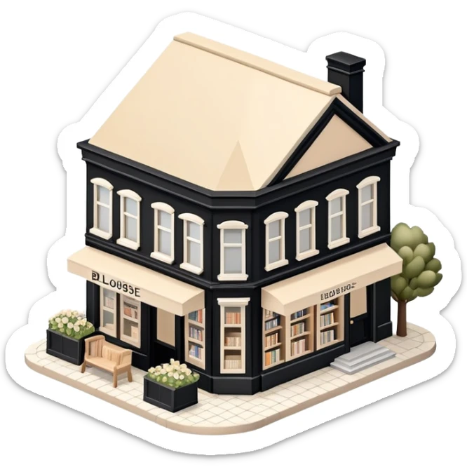 Isometric exterior little black, beige, and white bookstore dollhouse style 3D realistic  sticker