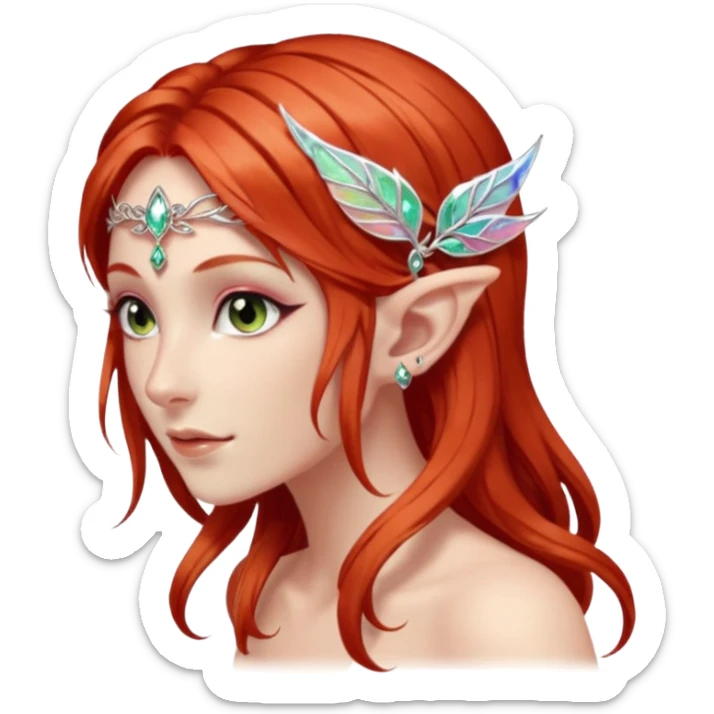 portrait of red haired Elvish fae shiny sparkly iridescent translucent diaphanous ear climber ear cuff sticker