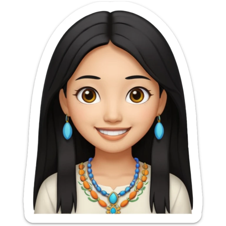 30 yr old asian woman center parted hair big eyes big smile tanned skin straight black hair hippie part hair white blouse sticker