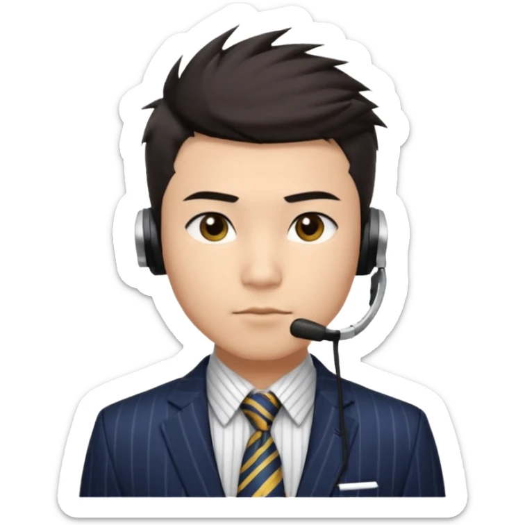 A young Asian man with light skin, short dark hair styled upward with a spiked swoop in front, a clean-shaven face, focused eyes, and a slim headset over one ear, wearing a dark pinstripe suit with a patterned dress shirt and a bright solid-colored tie visible from the chest up. sticker