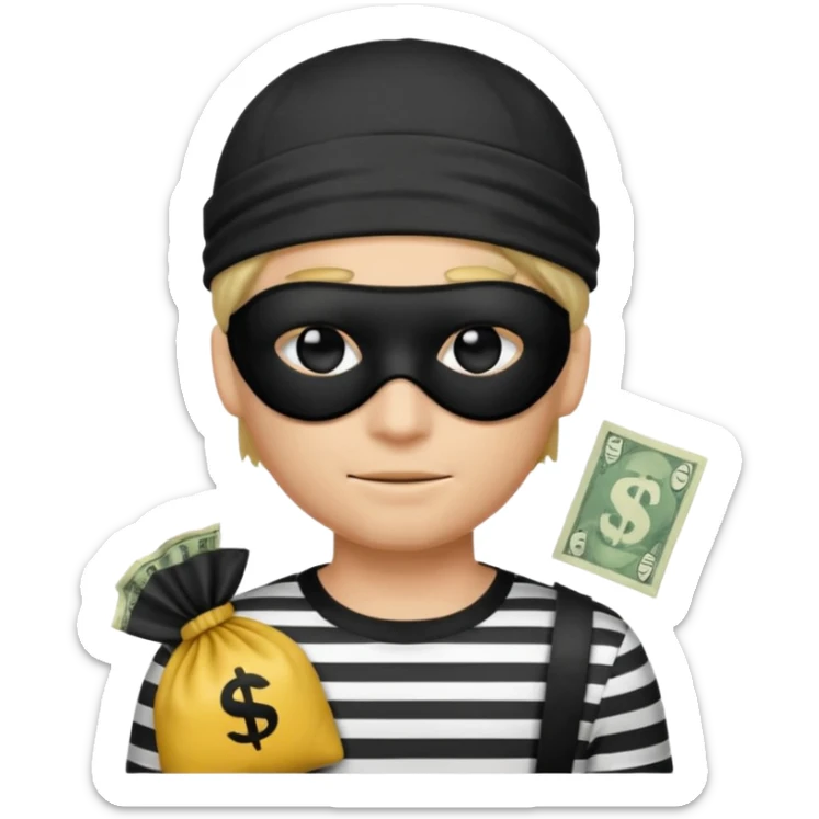 a short ios emoji-style portrait of a classic burglar, a black eye mask (looks like a blindfold) and a black-and-white striped shirt. emoji-like hair, black hat, ONE bag of money 💰 with a dollar sign in a right corner sticker