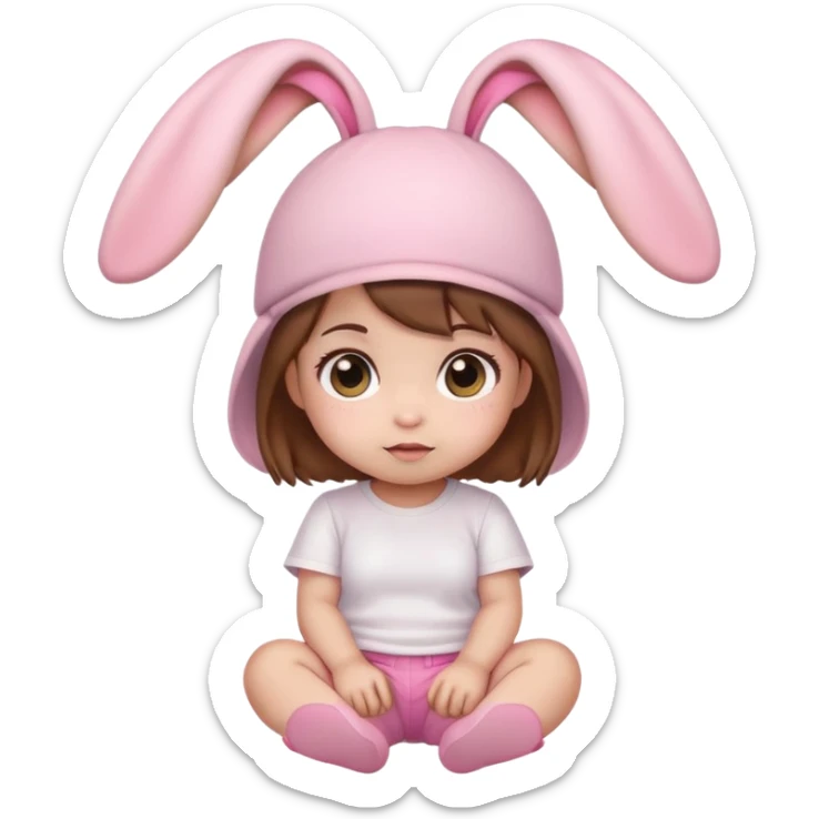 Kawaii baby girl emoji, sitting, brown hair, big eyes, pink bunny ear hat, white t-shirt, pink shorts sticker