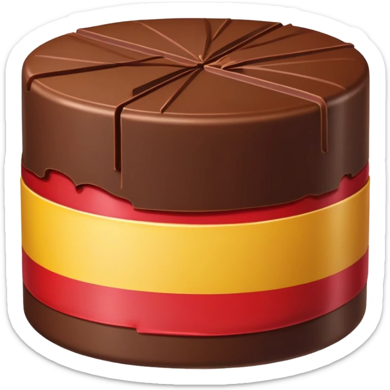 round chocolate bonbon with wafer center and yellow and red wrapper sticker