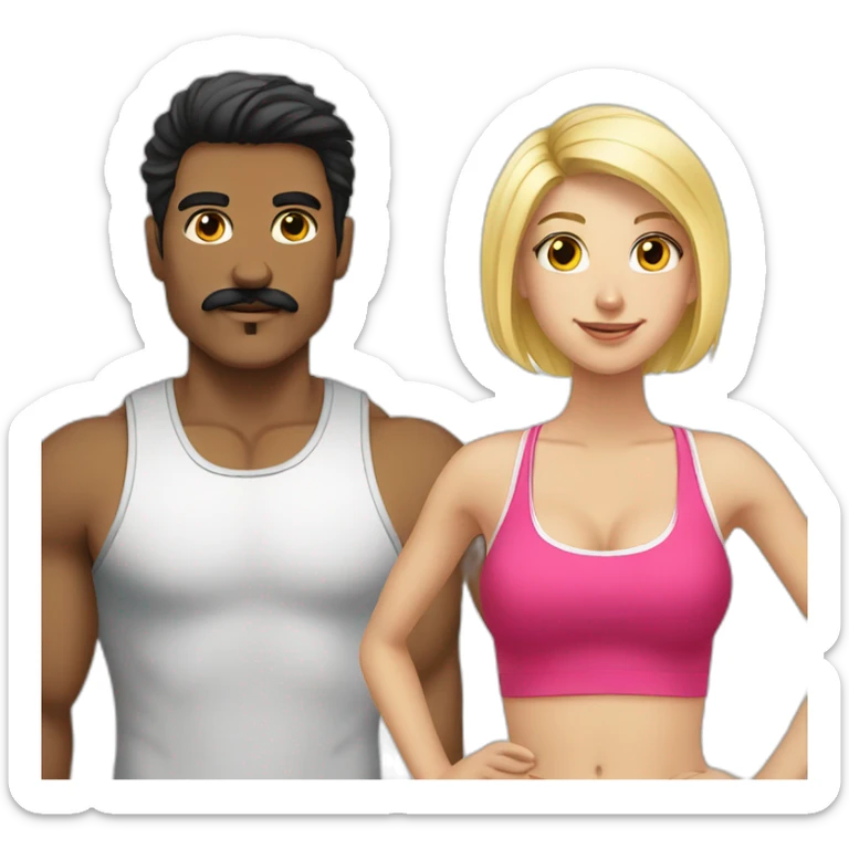 Blonde girl going to the gym with a black haired guy with a moustache  sticker