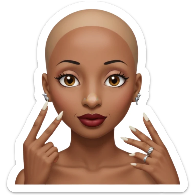Grown black (proud) woman, bald with a perfect head, a prominent nose with a septum piercing, many piercings on her ears, a gap between her front teeth and very long nails (cynthia erivo) a proud lesbian, with long lashes and her finger tapping her head sticker