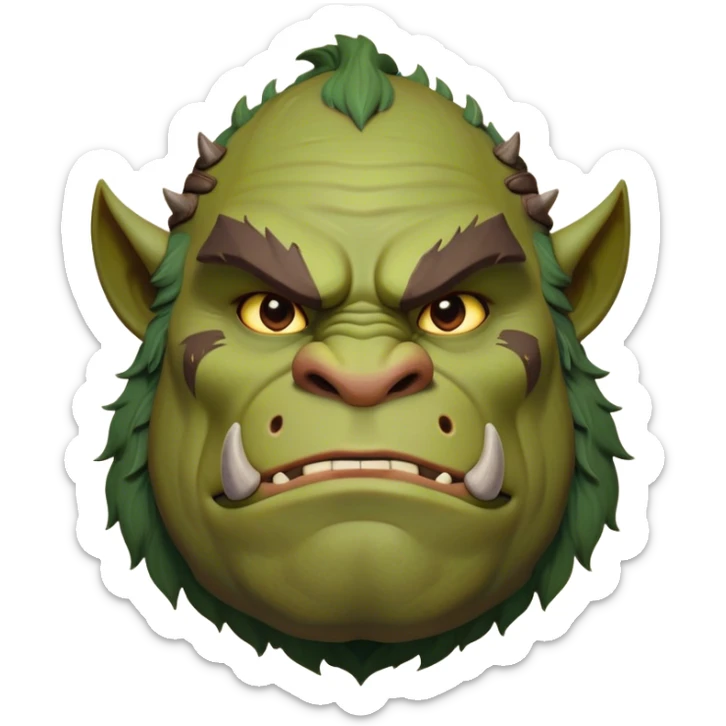 Cinematic Noble Ogre Portrait Emoji, Majestic and imposing, with a rugged, muscular form in deep earthy greens and browns, adorned with battle scars and subtle tribal markings, exuding calm, noble strength and unexpected wisdom, simplified yet strikingly detailed, glowing with a shadowy outline that captures the essence of a gentle giant with fierce heart! sticker