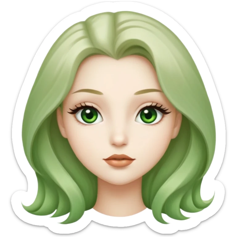 A girl with bright white eyes, green lips, and long, prominent eyelashes. Her hair is very light brown, long, and silky. Her features are soft and delicate.  sticker