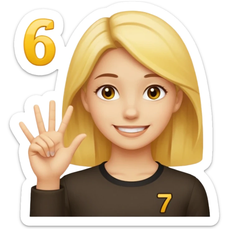 yellow smiling face girl with one hand flat under chin. With the number 6 on the left hand and the number 7 on the right hand sticker