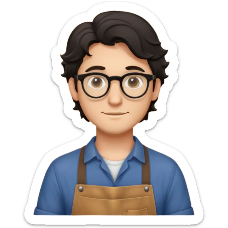 Young caucasian man with black wavy hair, round glasses, brown carpentry apron over a shirt, woodworker sticker
