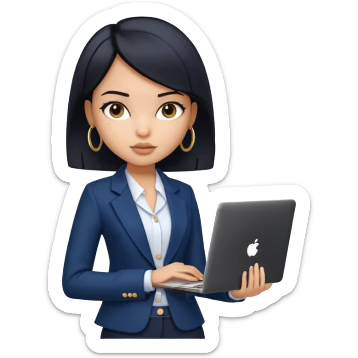 a pretty bratz girl with straight black short hair wearing a dark blue blazer and carrying a laptop. gold small hoops sticker