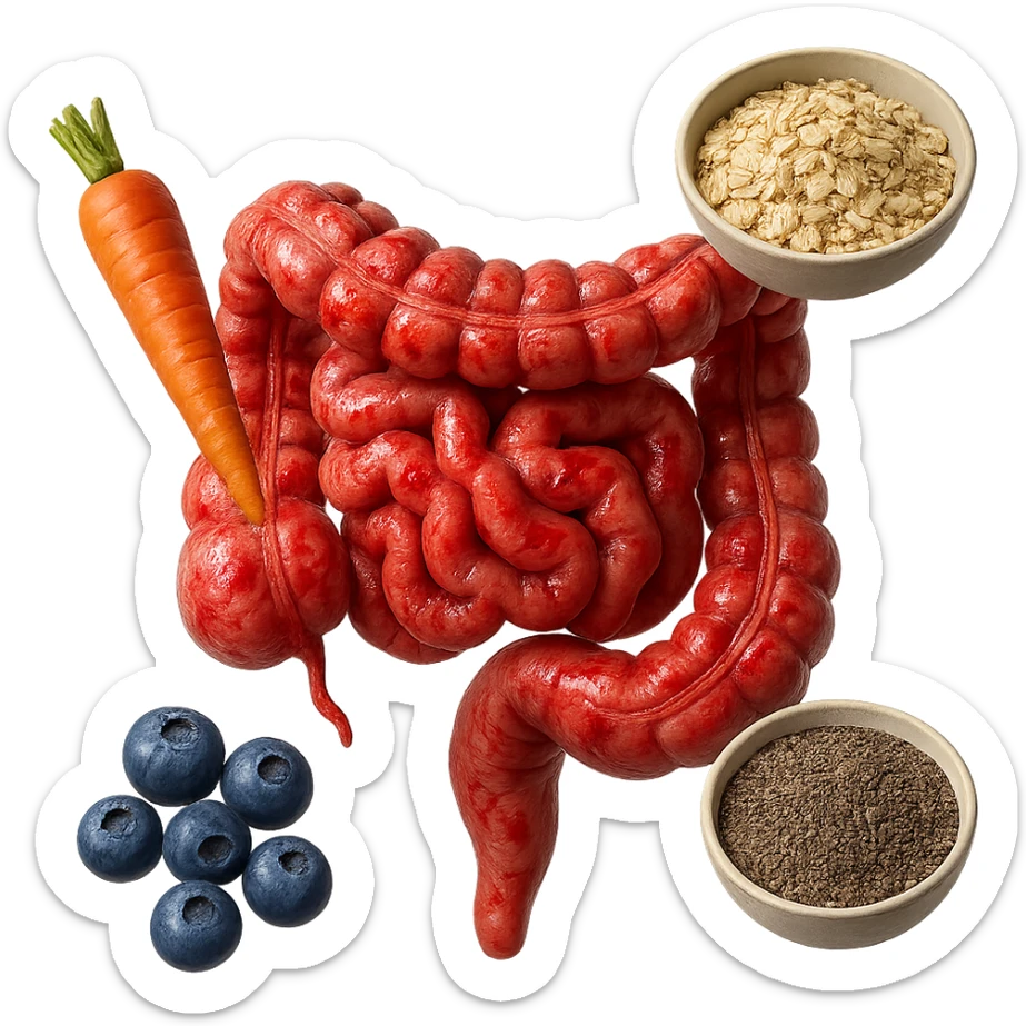 intestino umano anatomico infiammato al centro con carota, bowl di avena, mirtilli, bowl di semi di chia che gli fluttuano intorno , iperrealistico 4k sticker
