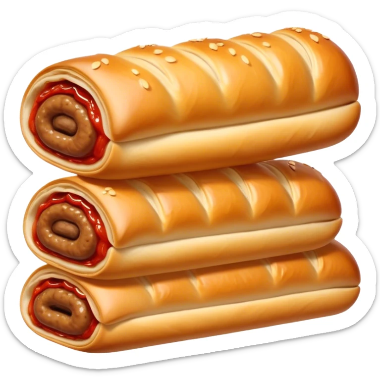 cinematic-realistic-sausage-roll-dish-emoji,-depicted-with-a-crisp,-golden-pastry-wrapped-around-flavorful-sausage,with a squeeze of tomatoe sauce on top sticker