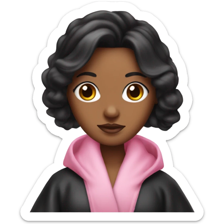 Mixed raced woman with long black hair wearing a silk pink Victoria’s Secret robe sticker