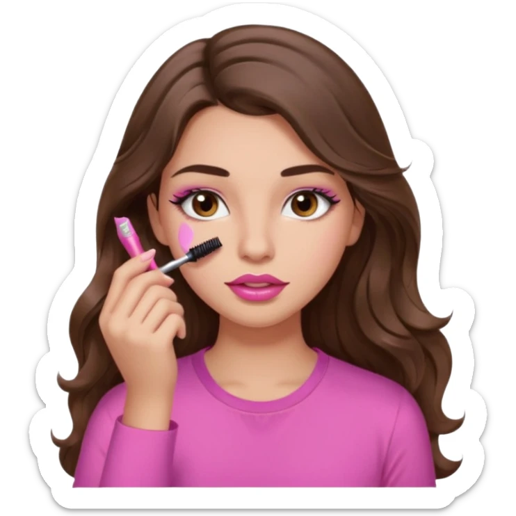 girl with long wavy brown hair, brown eyes, light to medium complexion, in a pink shirt, pink lips, long lashes, puckered lips, putting on mascara sticker