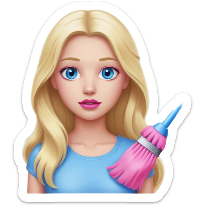 A cinematic realistic blonde with long hair, blue eyes and pink lips cleans a room sticker