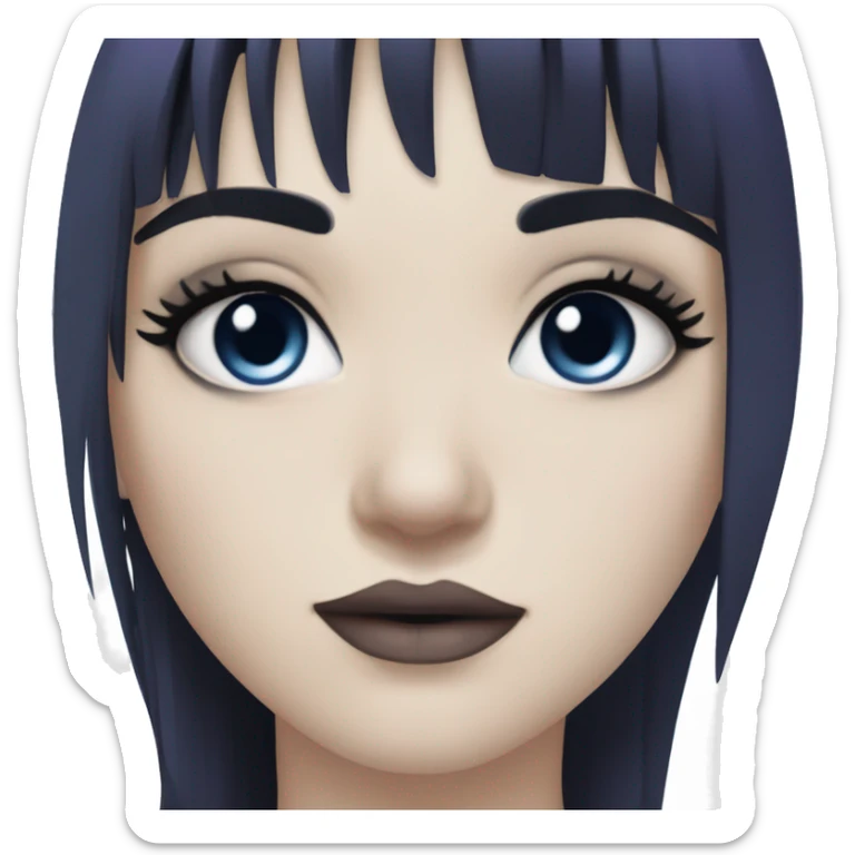gothic girl, pale skin, blue eyes, long hair, deep dark purple hair, bangs, black clothes, eyeliner, upper lip beauty mark sticker