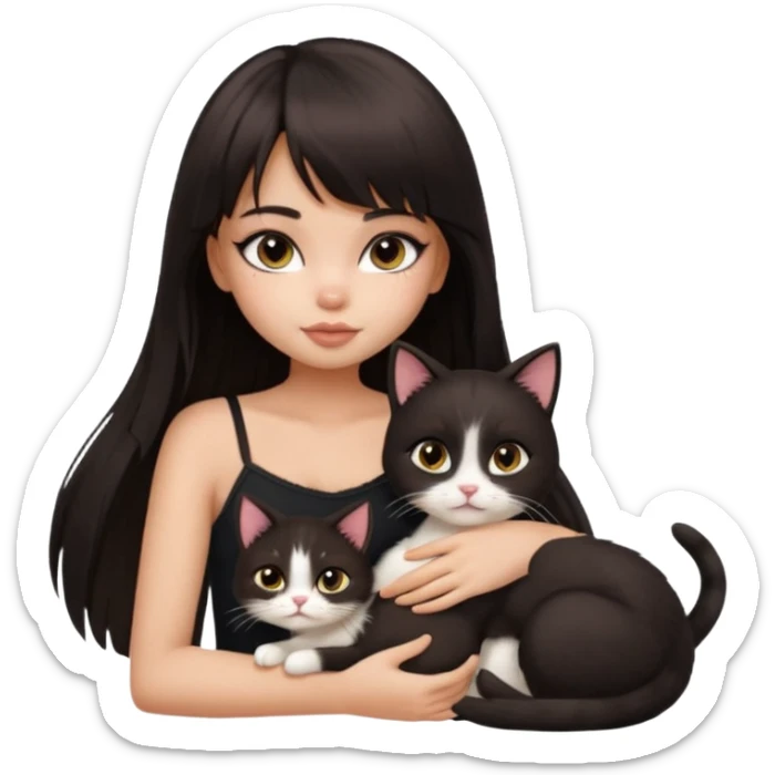 generate a pretty bratz girl in black cami top, dark brown straight long hair with bangs, eyeliner on, cuddling a cat sticker