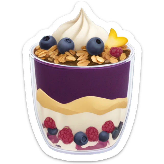 Açaí in a clear cup with layers of fruits and granola and condensed milk sticker