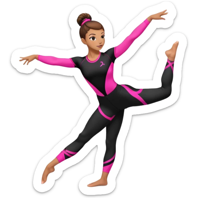A female gymnast with brown hair in a neat bun, wearing black leggings and a T-shirt with neon pink elements, performing an acrobatic move. sticker