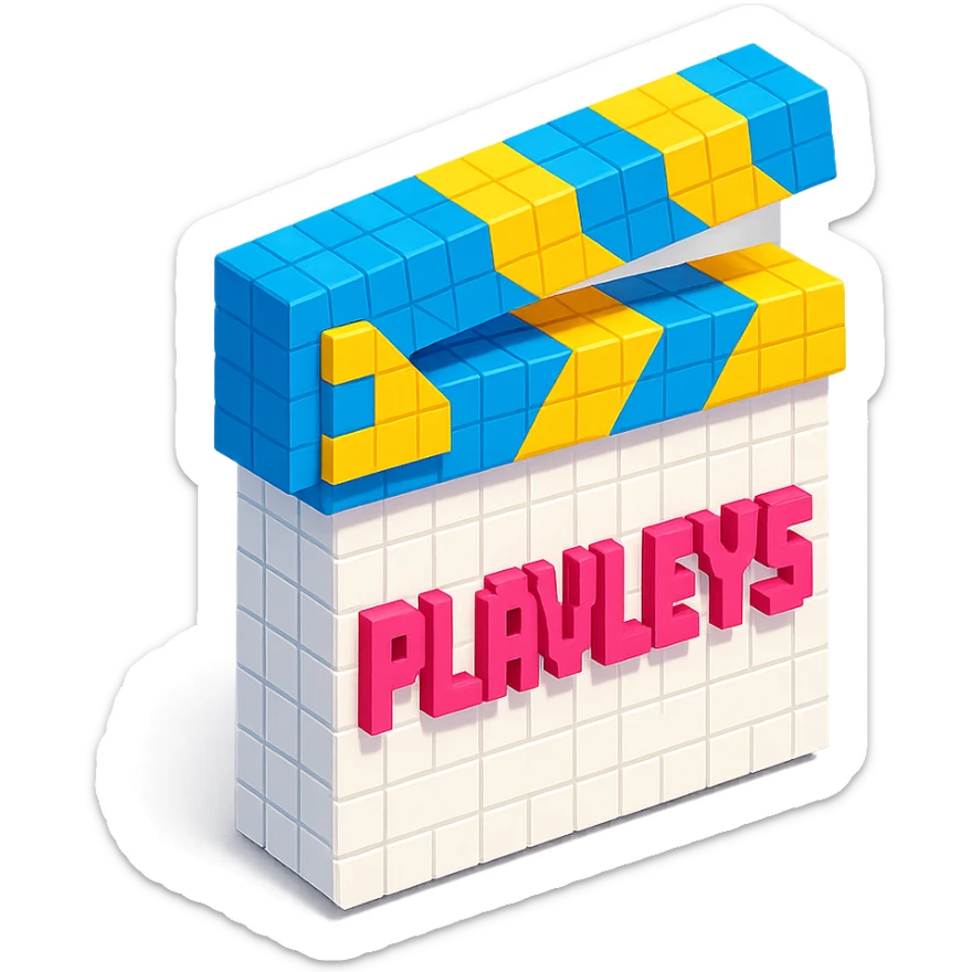 voxel style movie clapperboard, white body, blue and yellow lid, pink text 'PLAVLEYS', isometric view sticker