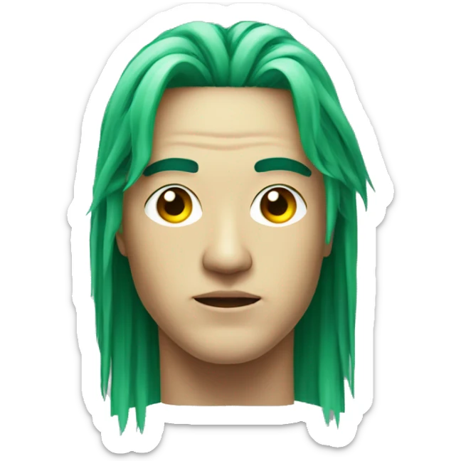 Head of Asian male cyborg with long green hair and circuits sticker