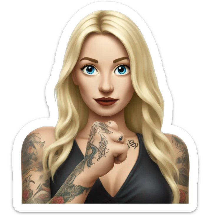 Blonde elegant women with LONG HAIR, her Body Covered with Tattoos, POINTING YOU FORWARD with her HAND with INDEX FINGER, Hyper Realistic sticker