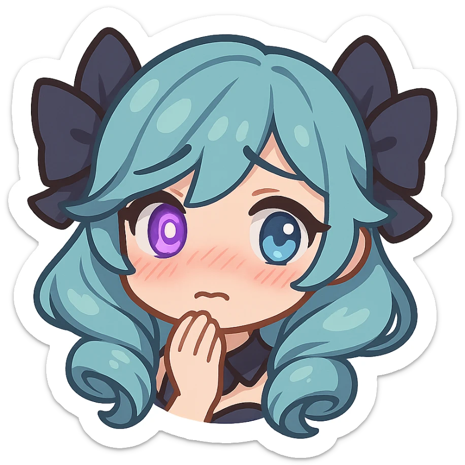 Gwen from League of Legends, shy emote, chibi style, only head, right eye glowing purple sticker