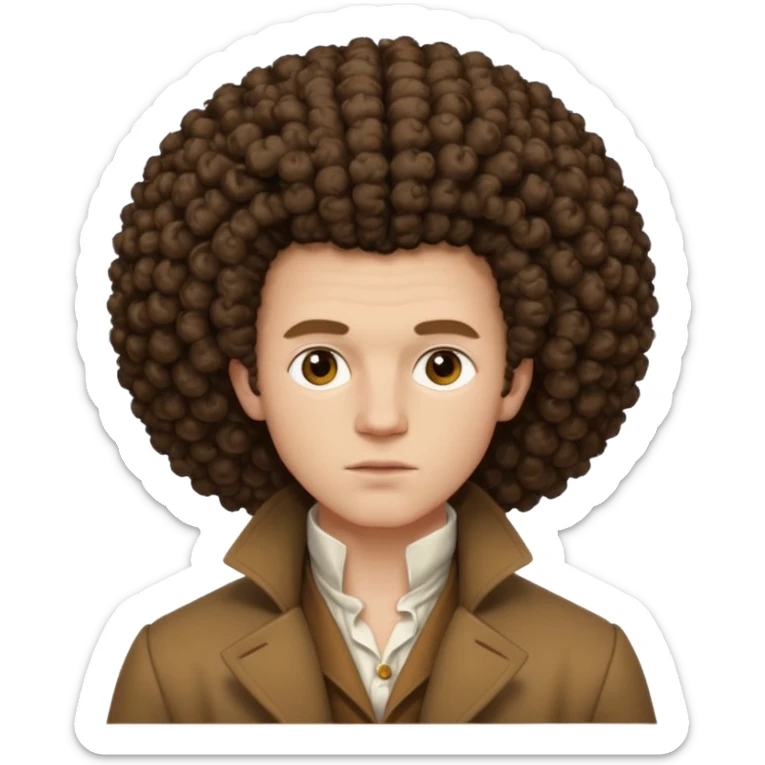 pale man, 1700s, white shirt brown coat, big afro curly hair, not too animated, no jewelry sticker