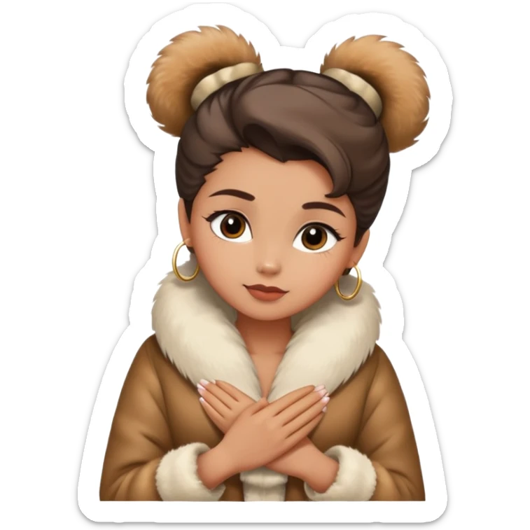 Girl with slick back bow in hair and a cute top with fur coat and she is holding her hands crossed around her neck sticker