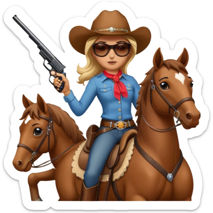 Cowgirl with sunglasses on riding a horse and holding a gun  sticker