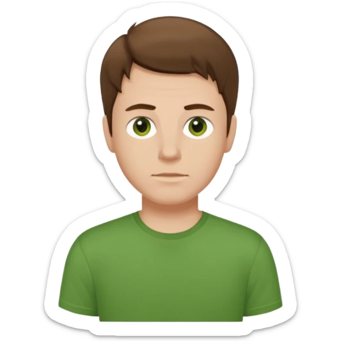 a self asured white male. brown hair. green t-shirt. blue background sticker