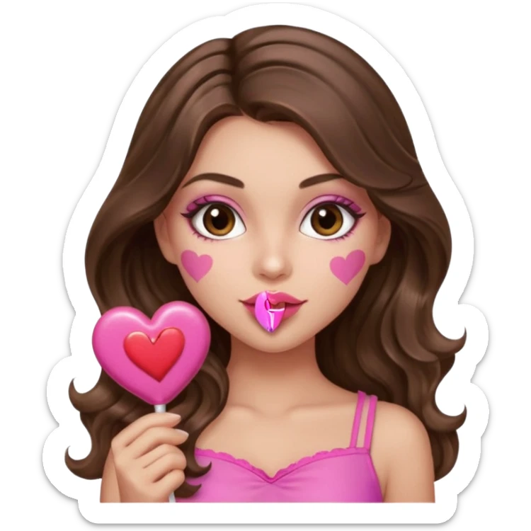 girl with long wavy brown hair, brown eyes, long lashes makeup, sexy pink lips, light to medium complexion, wearing a pink sexy top,, heart lillipop sticker