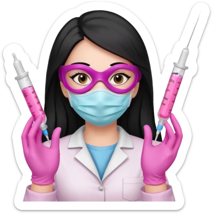 laboratorista con guantes rosa y mascarilla rosa jeringa tubos sin lentes pelo lacio negro y largo sticker