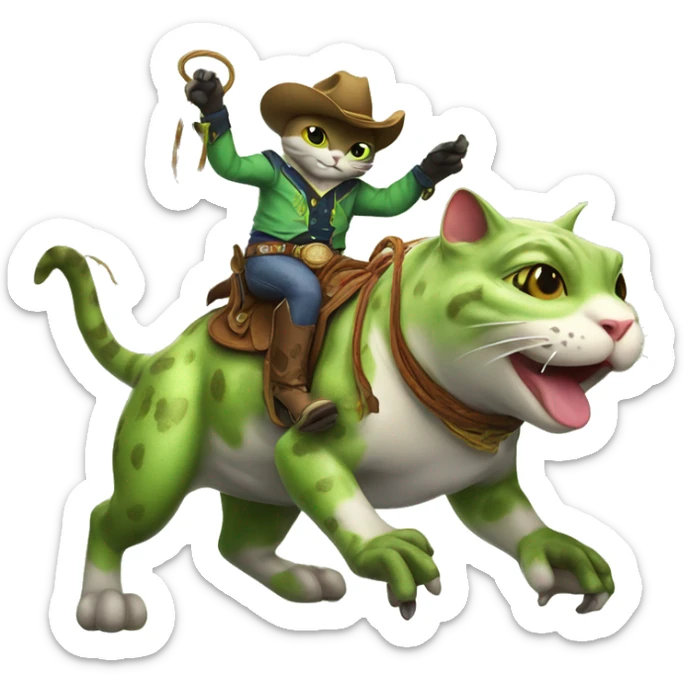 Cowboy cat with a lasso riding on top of a bull frog  sticker