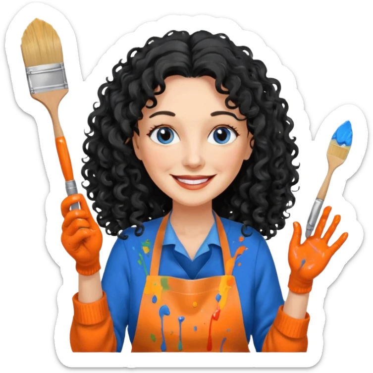 FEMME BLANCHE FRISÉ 60 ANS CHEVEUX NOIR FRISÉ ONDULÉ TRÈS  LONG , SOURIANTE AVEC CHANDAIL ORANGE ,   YEUX BLEU ET UN PINCEAU À LA MAIN LA MAIN AVEC 5 DOIGT SEULEMENT ET TABLIER sticker