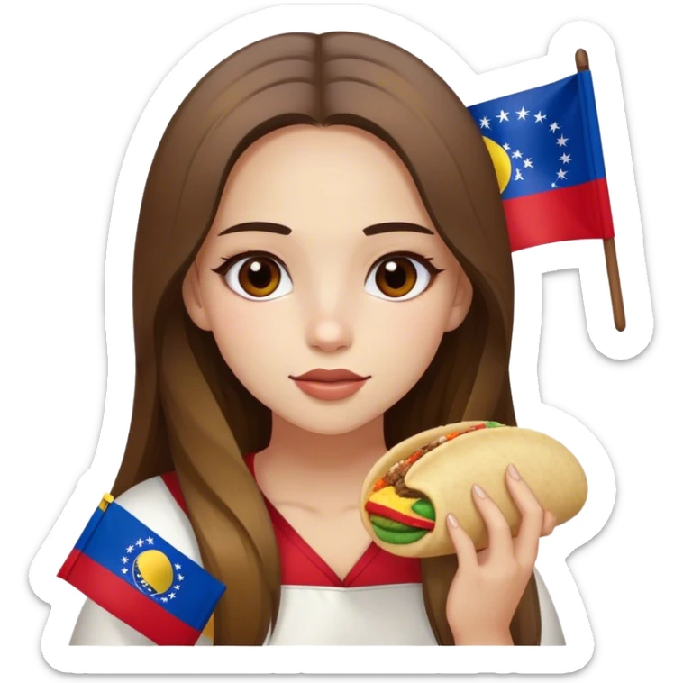 Chica bella con cabello balayage largo liso y ojos marrones comiendo arepa y bandera de Venezuela  sticker