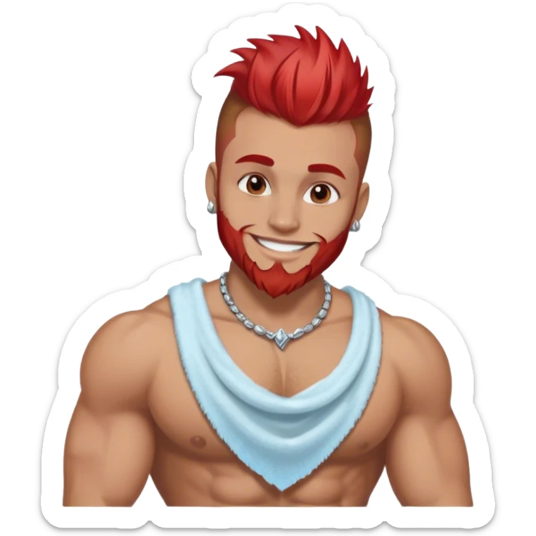 smiling muscular 28 year old man with silver jewelry, light brown hair that has and red highlights, and a fauxhawk with trimmed beard cleaning sticker