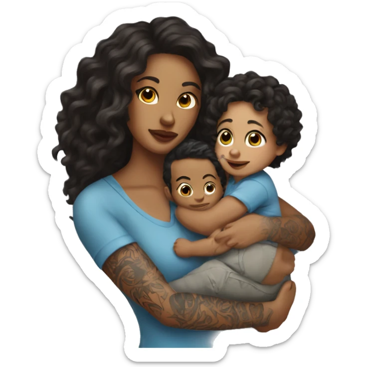  Brunette with tattoos on arm with long hair carrying a baby boy with curly hair  sticker